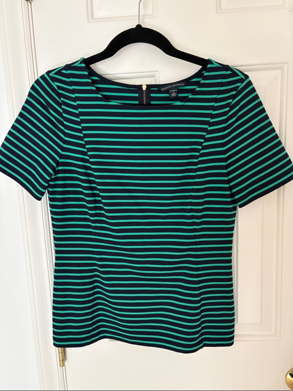 Banana Republic Navy and Green Striped Short Sleeve Ponte Knit Top